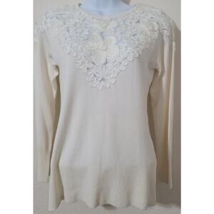 Laseine Cream Soft Stitched Flowers On Bodice Sweater Small Long Sleeve Delicate